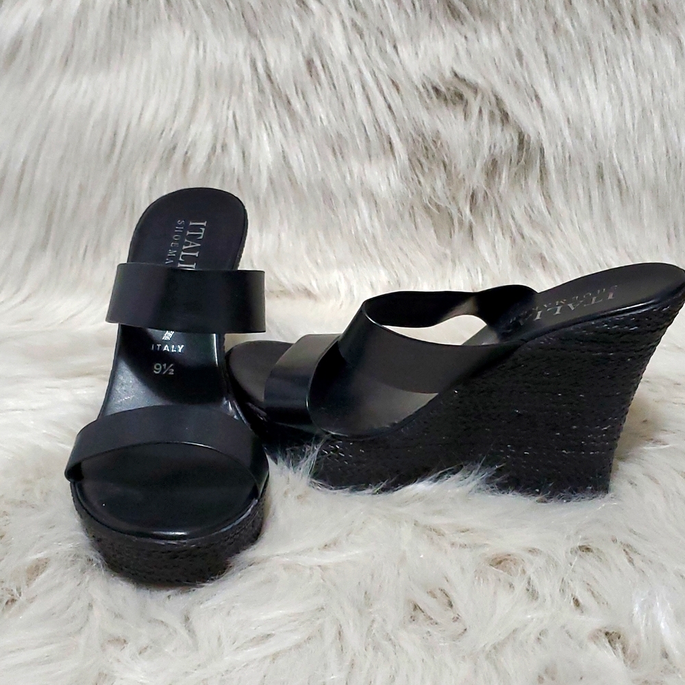 Black leather wedge sandals